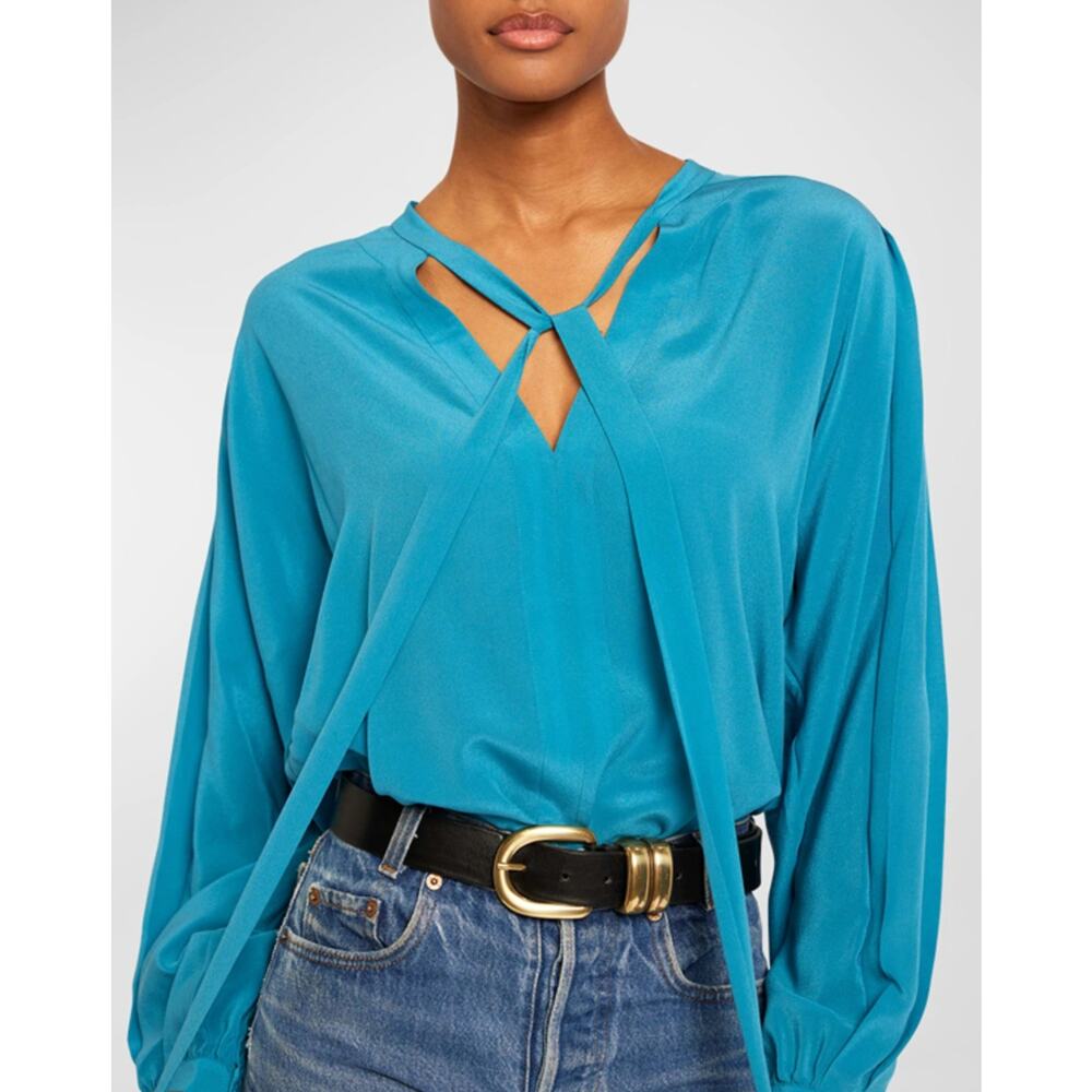 JOIE Wells Long Sleeve Silk Top Blouse Fjord Blue {M44}